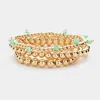 Fashnzfab 4pcs - Faceted Beads Station Metal Ball Stretch Multi Layered Bracelets Gold, Mint In Multi