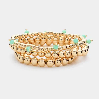 Fashnzfab 4pcs - Faceted Beads Station Metal Ball Stretch Multi Layered Bracelets Gold, Mint