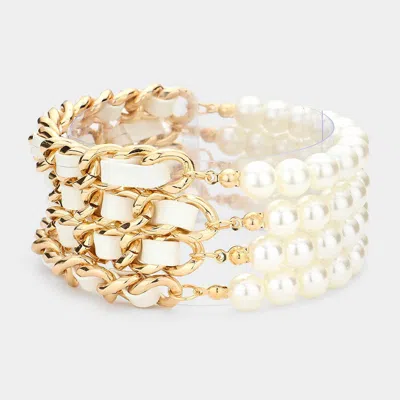 Fashnzfab 4pcs - Faux Leather Braided Pearl Beaded Multi Layered Bracelets
