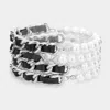 Fashnzfab 4pcs - Faux Leather Braided Pearl Beaded Multi Layered Bracelets Black, Rhodium In Silver