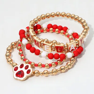 Fashnzfab 4pcs - Game Day Message Paw Charm Beaded Stretch Multi Layered Bracelets In Red