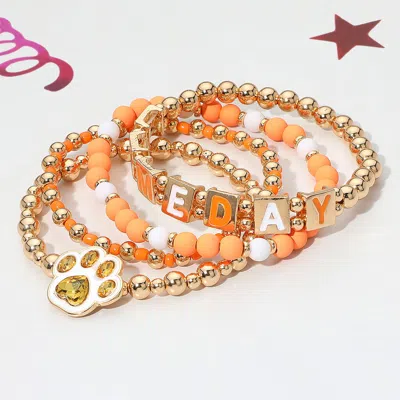 Fashnzfab 4pcs - Game Day Message Paw Charm Beaded Stretch Multi Layered Bracelets In Orange