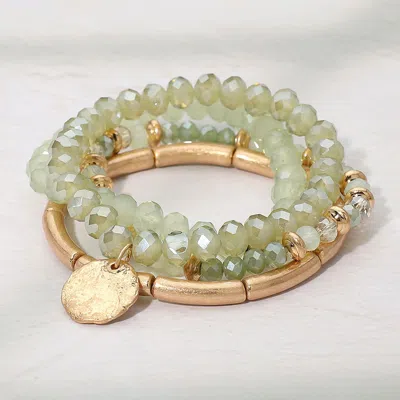 Fashnzfab 4pcs - Hammered Metal Disc Charm Accent Faceted Beaded Stretch Multi Layered Bracelets - Mint In Green