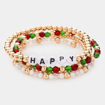Fashnzfab 4pcs - Happy Message Pearl Metal Ball Faceted Beaded Stretch Bracelets In Multi