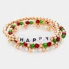 Fashnzfab 4pcs - Happy Message Pearl Metal Ball Faceted Beaded Stretch Bracelets In Multi