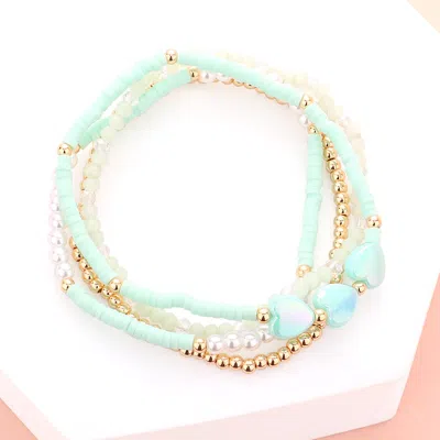 Fashnzfab 4pcs - Heart Pearl Heishi Beaded Stretch Bracelets Mint In Green
