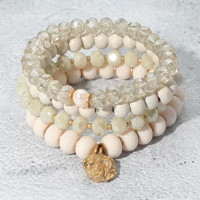 Fashnzfab 4pcs - Irregular Metal Round Charm Natural Stone Wood Beaded Stretch Bracelets In Multi