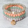 Fashnzfab 4pcs - Irregular Metal Round Charm Natural Stone Wood Beaded Stretch Bracelets In Pink
