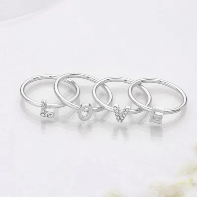 Fashnzfab 4pcs - Love Rhinestone Embellished Message Rings In Silver