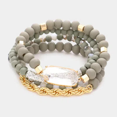 Fashnzfab 4pcs - Lucite Bead Accented Metal Ball Stretch Bracelets In Gray