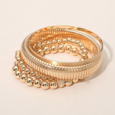 Fashnzfab 4pcs - Metal Ball Beaded Stretch Ribbed Bangle Multi Layered Bracelets In Gold