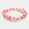 Fashnzfab 4pcs - Metal Ball Rhinestone Heishi Beaded Stretch Bracelets In Pink