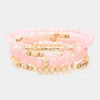 Fashnzfab 4pcs - Metal Bar Pointed Faceted Beads Wood Ball Beaded Stretch Multi Layered Bracelets Pink, Worn G In Multi