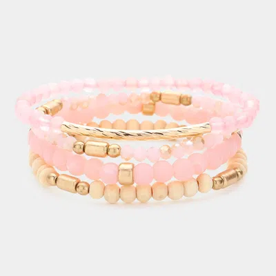 Fashnzfab 4pcs - Metal Bar Pointed Faceted Beads Wood Ball Beaded Stretch Multi Layered Bracelets Pink, Worn G