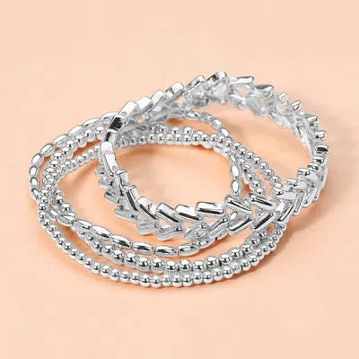 Fashnzfab 4pcs - Metal Beaded Stretch Multi Layered Bracelets In Silver