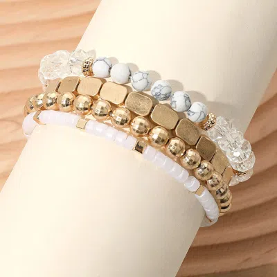 Fashnzfab 4pcs - Metal Faceted Beaded Stretch Multi Layered Bracelets Cream, Worn Gold