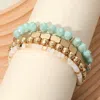 Fashnzfab 4pcs - Metal Faceted Beaded Stretch Multi Layered Bracelets Mint, Worn Gold In Multi