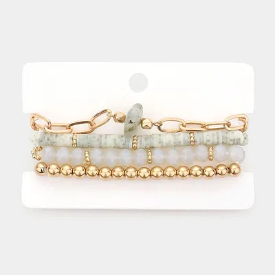 Fashnzfab 4pcs - Natural Stone Accented Chain Bracelet Multi Beaded Stretch Bracelets Set In Gray