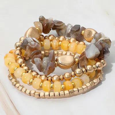Fashnzfab 4pcs - Natural Stone Metal Ball Beaded Stretch Multi Layered Bracelets Neutral In Gold