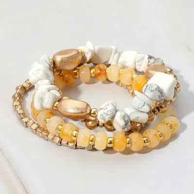 Fashnzfab 4pcs - Natural Stone Metal Ball Beaded Stretch Multi Layered Bracelets White