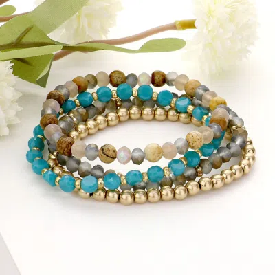 Fashnzfab 4pcs - Natural Stone Pointed Faceted Beaded Multi Layered Bracelets Turquoise In Blue