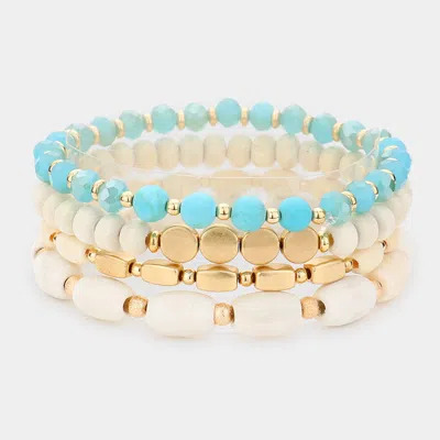 Fashnzfab 4pcs - Natural Stone Wood Beaded Stretch Bracelets In Blue
