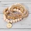 Fashnzfab 4pcs - North Star Accented Round Charm Wood Faceted Beaded Stretch Bracelets In Sand