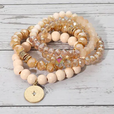 Fashnzfab 4pcs - North Star Accented Round Charm Wood Faceted Beaded Stretch Bracelets In Sand