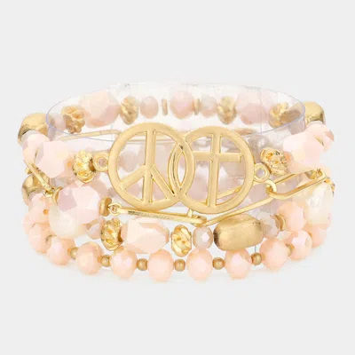 Fashnzfab 4pcs - Peace Sign Cross Accented Faceted Beaded Bracelets In Sand