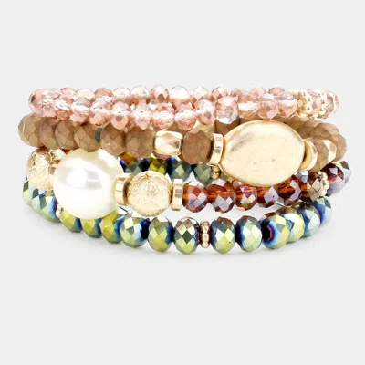 Fashnzfab 4pcs - Pearl Accented Faceted Beaded Stretch Bracelets In Brown