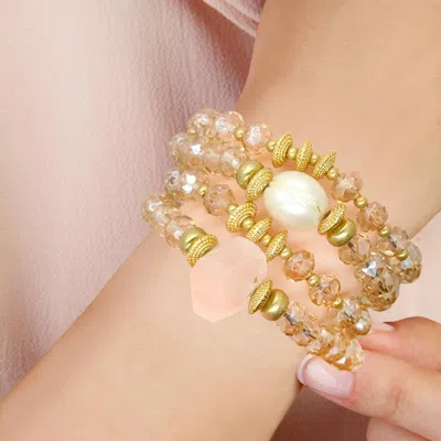 Fashnzfab 4pcs - Pearl Accented Faceted Beads Stretch Bracelets In Sand