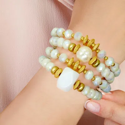 Fashnzfab 4pcs - Pearl Accented Faceted Beads Stretch Bracelets In White