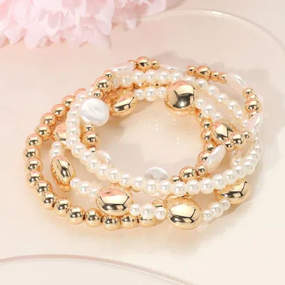 Fashnzfab 4pcs - Pearl Disc Metal Ball Beaded Stretch Multi Layered Bracelets