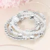 Fashnzfab 4pcs - Pearl Disc Metal Ball Beaded Stretch Multi Layered Bracelets Rhodium, White In Multi