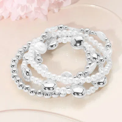 Fashnzfab 4pcs - Pearl Disc Metal Ball Beaded Stretch Multi Layered Bracelets Rhodium, White