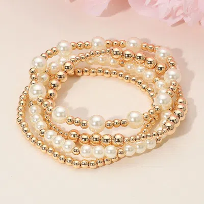Fashnzfab 4pcs - Pearl Metal Ball Beaded Stretch Multi Layered Bracelets