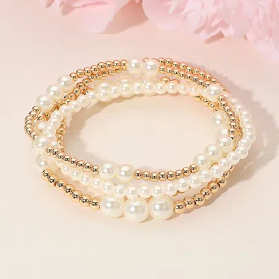 Fashnzfab 4pcs - Pearl Metal Ball Beaded Stretch Multi Layered Bracelets