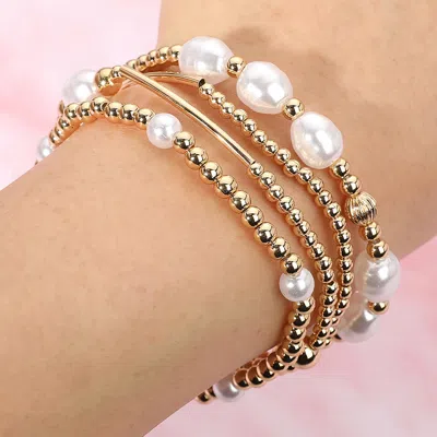 Fashnzfab 4pcs - Pearl Metal Ball Beaded Stretch Multi Layered Bracelets