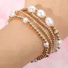 Fashnzfab 4pcs - Pearl Metal Ball Beaded Stretch Multi Layered Bracelets In Multi