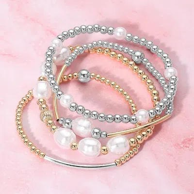 Fashnzfab 4pcs - Pearl Metal Ball Beaded Stretch Multi Layered Bracelets Cream, Two Tone In Gold