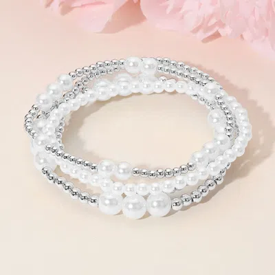 Fashnzfab 4pcs - Pearl Metal Ball Beaded Stretch Multi Layered Bracelets In Metallic