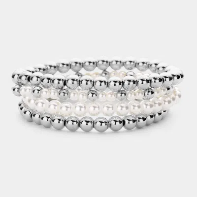 Fashnzfab 4pcs - Pearl Metal Ball Stretch Bracelets In Multi
