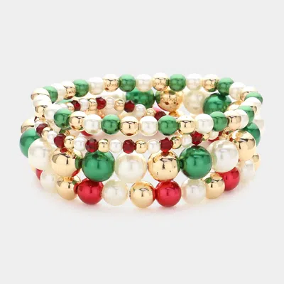 Fashnzfab 4pcs - Pearl Metal Beaded Stretch Multi Layered Bracelets