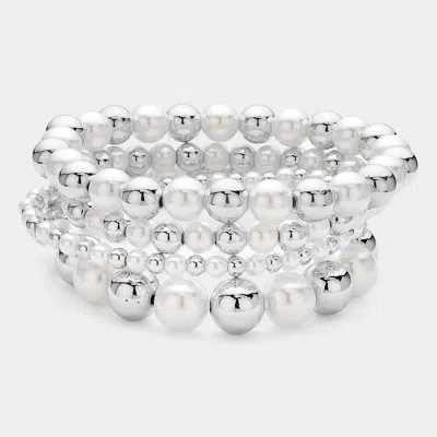 Fashnzfab 4pcs - Pearl Metal Beaded Stretch Multi Layered Bracelets Rhodium, White