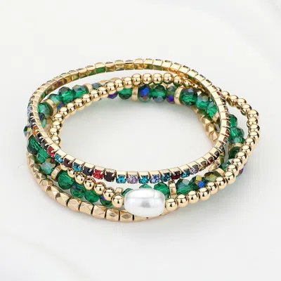 Fashnzfab 4pcs - Pearl Pointed Rhinestone Metal Ball Faceted Beaded Stretch Multi Layered Bracelets