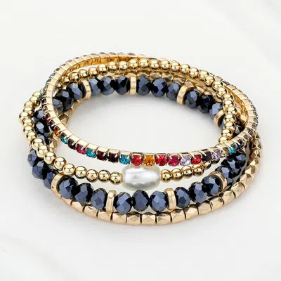 Fashnzfab 4pcs - Pearl Pointed Rhinestone Metal Ball Faceted Beaded Stretch Multi Layered Bracelets Blue, Worn