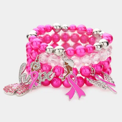 Fashnzfab 4pcs - Pink Ribbon Pointed Glove Afro Girl Angel Wing Hope Message Afro Girl Charm Pearl Stretch Bra