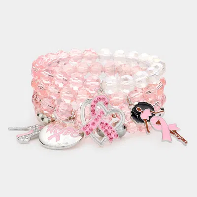 Fashnzfab 4pcs - Pink Ribbon Stiletto Heel Hope Message Afro Girl Charm Faceted Beaded Stretch Bracelets Pink