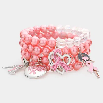Fashnzfab 4pcs - Pink Ribbon Stiletto Heel Hope Message Afro Girl Charm Pearl Stretch Bracelets