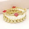 Fashnzfab 4pcs - Quatrefoil Pointed Metal Ball Pearl Beaded Stretch Multi Layered Bracelets In Multi